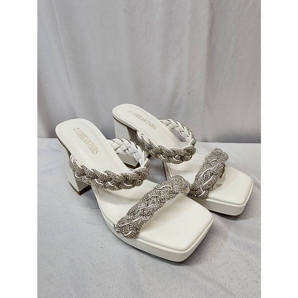 DREAM PAIRS Size 9.5 White Rhinestone Braided Strap Heel Sandals Chunky Heel